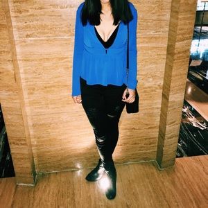 Crimson blue top with deep V-beck & flared sleeves